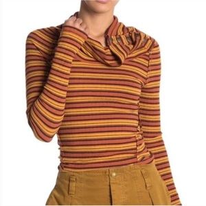 Free People Striped Cape Cod Cowl Neck Thermal Long Sleeve Shirt Top Orange XS